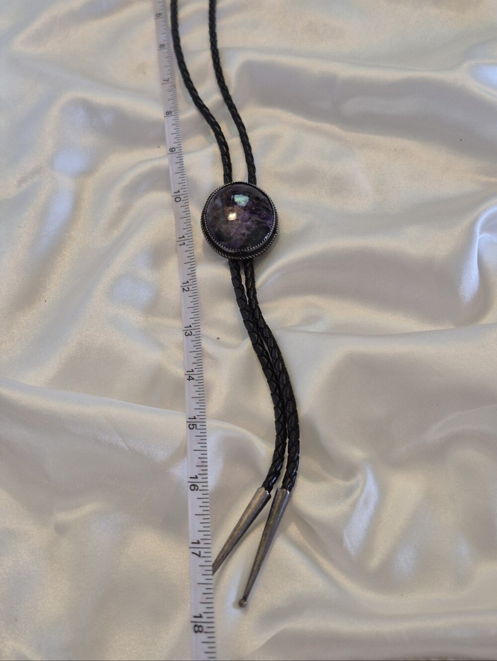 Western Bolo Tie with Purple Charoite Stone Accent On Slide. Cowgirl Coowboy